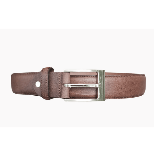 Brown Stitched Leather Belt with Silver Buckle