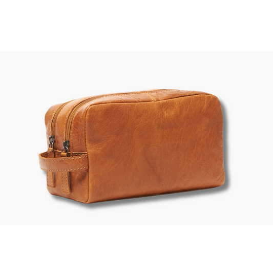 Tan Leather Toiletries Bag Dual Compartments